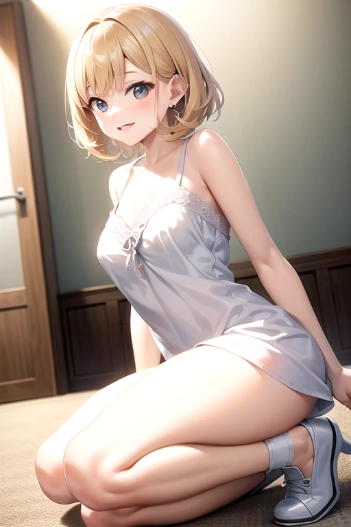 Masterpiece, best quality, ultra-detailed, hyper details, delicate detailed, intricate details, modern bedroom, 1girl, anime style, good anatomy, accurate perspective, clear line, well drawn face, detailed face, full body, fit body, provocative position, uncovered thighs, uncovered mid-section, cleavage, small breasts, thin waist, blush, short hair, blonde hair, blue eyes