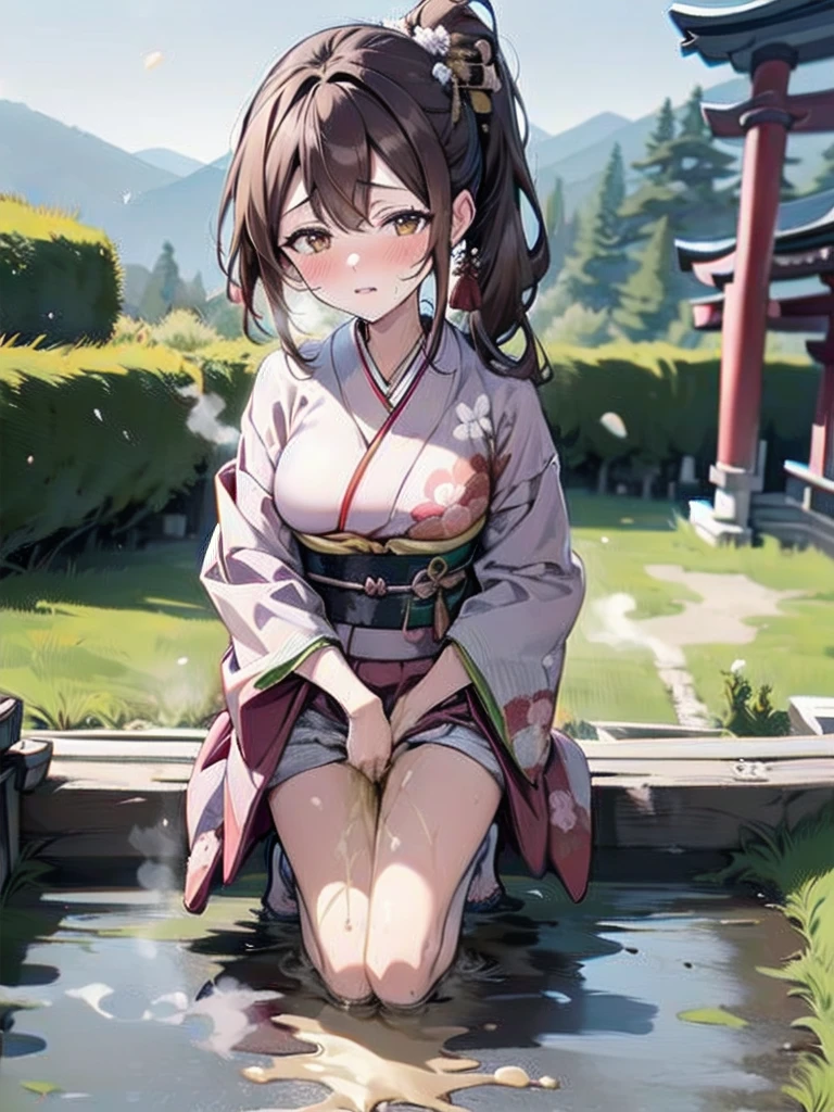 nsfw, (masterpiece, top quality, best quality, highly detailed:1.6), extremely detailed CG unity 8k wallpaper, (1 woman standing on the shrine, outdoor, Pastel Colors kimono:1.5), (Maxi Length), strong facial expression, (sharp eye:1.2), (scowl:1.1), (embarrassed,blush:1.3), (steam:1.5), (wet:1.1), (sweat:1.1), (trembling:1.3), (parted lips:1.4), (harf open eyes:1.5), (feeling weak:1.5), (shoot from front, looking at viewer:1.2), (leaning forward,close knees, hands between legs, pee running down legs:2), (((clutching crotch))), Sandals, (long hair, Brown hair, low ponytail:1.4), (woman trembling with sexual climax:1.5), colorful, full body, wide shot, perfect composition, (Crossing legs, Touching the crotch:1.7), urination, incontinence, piss, peeing self, A lot of pee, pee running down legs, (((pee stream))), (pee puddle), wetting herself, peeing, blush, trembling, embarrassed, large breasts, Yellow pee, ((leaking pee)), Shaking one's shoulders, Breaking a sweat on forehead, puddle of pee, Pee at your feet, Pee spread on the floor, (Pee stains), Feet wet from pee, Pee-covered feet, Pee at your feet, want to pee, about to pee, Full bladder, Pee-soaked kimono, Pee-soaked ankle socks, Pee-soaked sandasls, natural makeup,