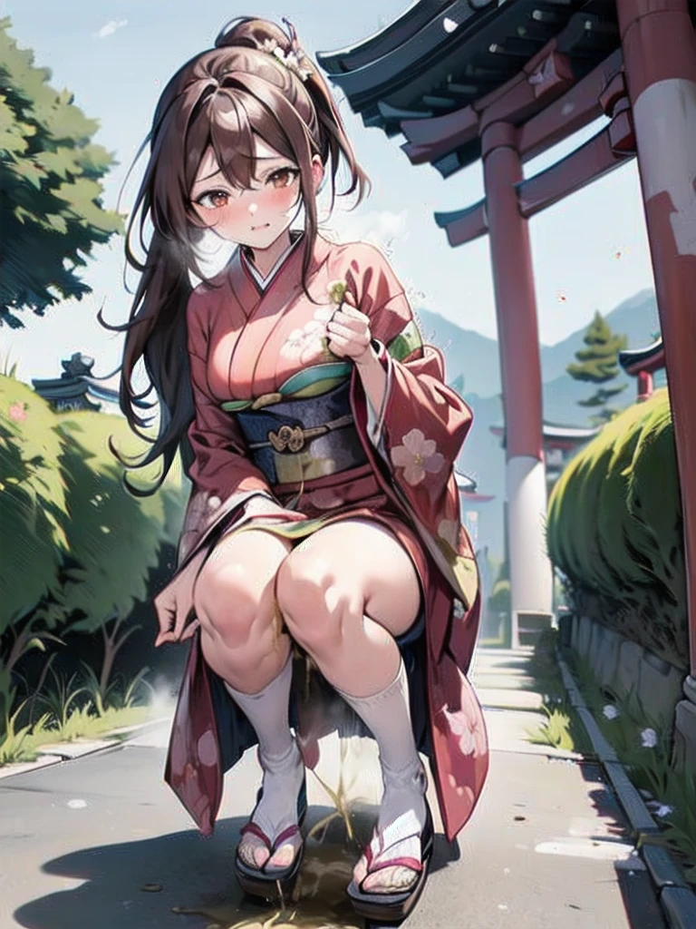 nsfw, (masterpiece, top quality, best quality, highly detailed:1.6), extremely detailed CG unity 8k wallpaper, (1 woman, shrine, outdoor, patterned yukata:1.5), strong facial expression, (sharp eye:1.2), (scowl:1.1), (embarrassed,blush:1.3), (steam:1.5), (wet:1.1), (sweat:1.1), (trembling:1.3), (parted lips:1.4), (harf open eyes:1.5), (feeling weak:1.5), (shoot from front, looking at viewer:1.1), (squatting, skirt lift), Sandals, (long hair, Brown hair, low ponytail, pubic brown hair:1.4), (girl trembling with sexual climax:1.5), colorful, full body, wide shot, perfect composition, (chrotch, pussy, urethra, panty, panties), urination, incontinence, piss, peeing self, A lot of pee, having an accident, pee running down legs, (((pee stream))), (pee puddle), wetting herself, pee stain, peeing, blush, trembling, embarrassed, large breasts, Yellow pee, ((leaking pee)), Shaking one's shoulders, Breaking a sweat on forehead, puddle of pee, Pee at your feet, Pee spread on the floor, Pee stains, Dripping pee between my legs, Feet wet from pee, Pee-covered feet, Pee at your feet, want to pee, about to pee, Full bladder, Pee-soaked sandasls, Pee-soaked bara legs, The limit of holding in pee, A big pee, Pleasant pee, a big puddle of urine at my feet, can't stand it and urinate, can't stand peeing, Non-stop peeing, Unstoppable peeing, A dress wet with pee, can't make it to the toilet in time and I pee, A pleasant feeling of urination after holding it in to the limit,