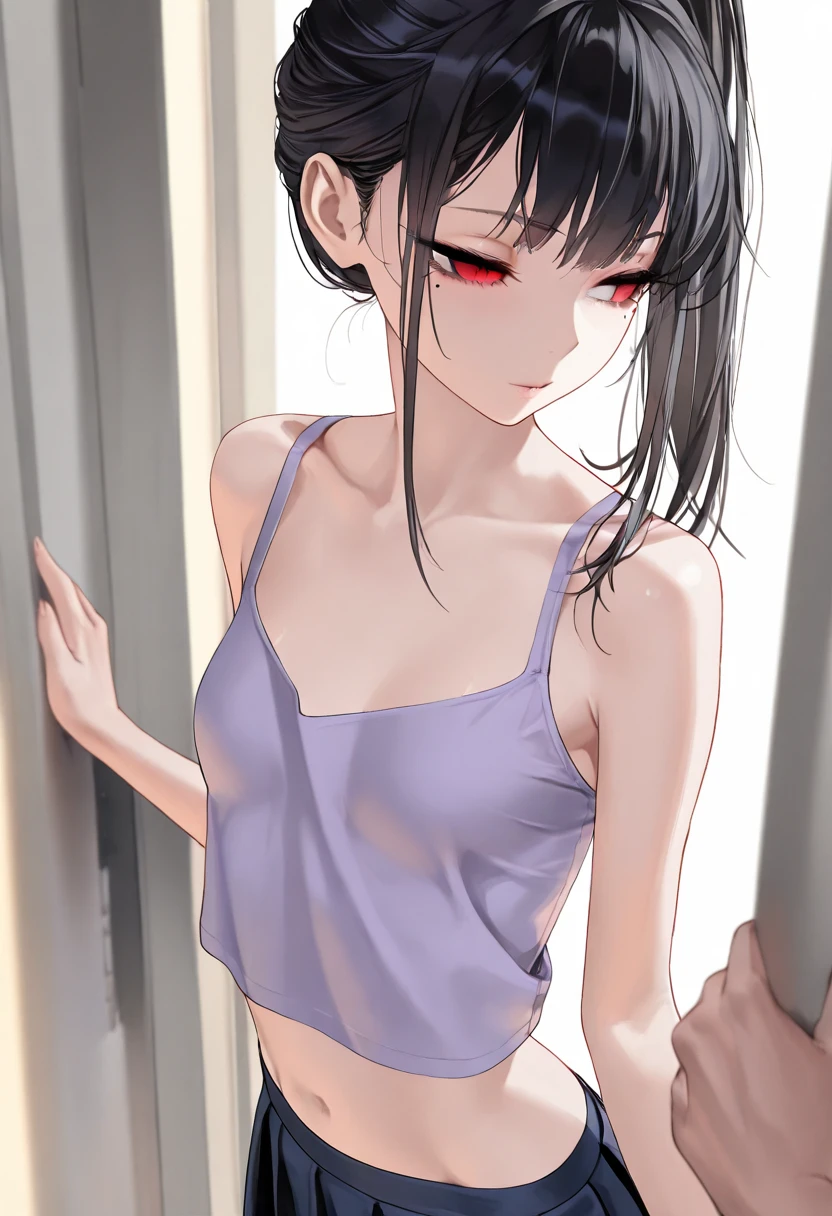 (Hands folded behind your back)、Beautiful breasts、Black Hair、Armpits are visible、Attractive breasts、Beautiful and attractive anime woman, Enchanting anime girl, Top rated on pixiv、Short Bob、Healthy Body、OK、(white)Small see-through underwear、Yakuza、(Cover the whole body)tattoo、(All over your arms)Tattoo、I can see your underwear、Shaving、Slippery、big round earrings、Iris、beautiful girl、、Provocative、Underwear is biting into、The setting sun is shining through the window、Stay in the house、Quiet、Inconspicuous、Nipples、(Quite small)Chain Necklace、bedroom、Fair skin