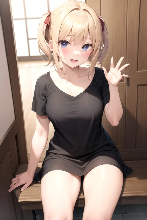 、young、one person、4 year old girl、short hair、blonde、With bangs、small、laughing、Big eyes、barefoot、short sleeve、black eye、cute、legs open、with ribbon、skirt、small breasts、身長のsmall、short legs