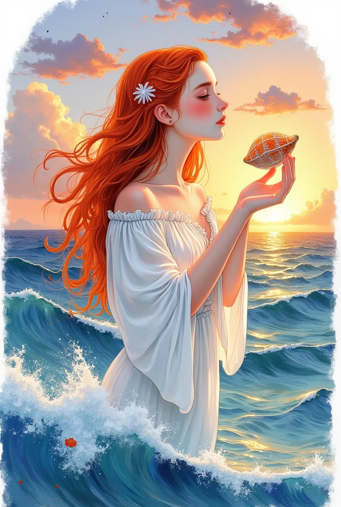There was a beautiful lady who came out of the sea sitting in a huge shell,A golden apple in hand,Perfect posture,Fair smooth skin,floated hair,Venus out of the water,No clothes,White cloth surrounding,Clear sea,Exquisite beauty,Goddess. Extremely high detail, extremely detailed goddess shot, Extremely detailed flower goddess,Blue sky,The background of the character has a light rainbow aperture, hyper HD,psychedelic goddess, goddess art, Beautiful digital artwork, Beautiful goddess,tmasterpiece,4K,Realiy,photorealestic,professional photoshooting,超高分辨率,