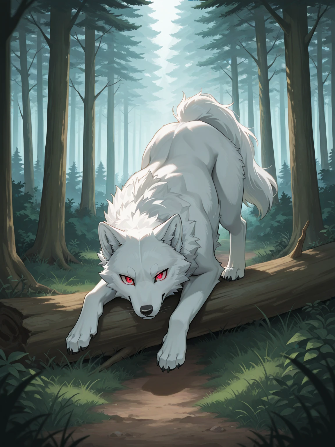 death (puss in boots), female:2, feminine, wolf, canid, fluffy, crawling, on all fours, night, forest, claws, long hair, black sclera, red eyes, tail, front view, seductive pose, naked, white body, black fur, black fur, grey fur, forest, moonlight night,
BREAK,
(by fumiko, by hyattlen, by hioshiru), (intricate, high detail,
masterpiece, best quality, 8k)