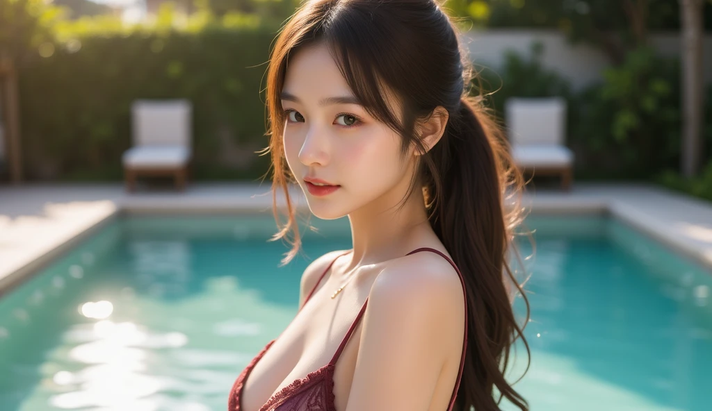 bokeh, beautiful high school girl, colourful bikini, Plump breast, Lookingat the viewer, Blushed face, close up, (Japanese idle:1.6), sunset, pool side, BreaBeautiful orange sky and clouds,