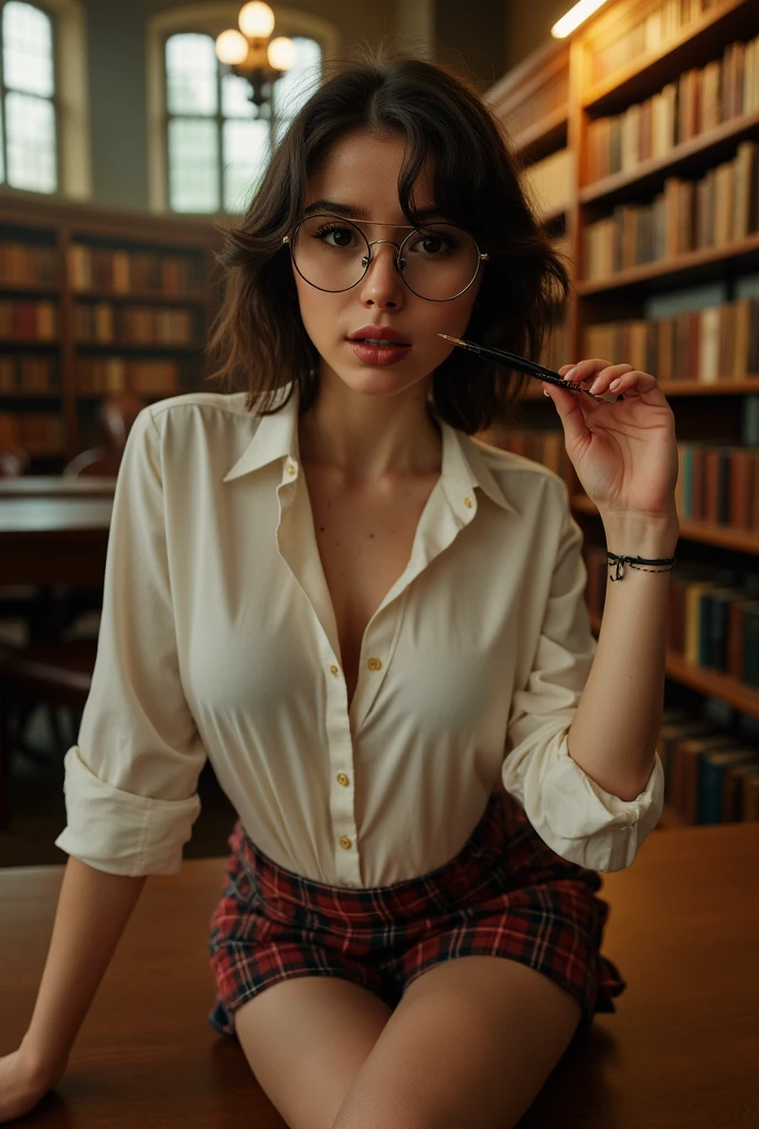 Solo, 1girl, masterpiece, best quality, extremly detailed, Cinematic lighting, intricate detail, highres, official art, finely detailed beautiful face and eyes, high resolution illustration, 8k, dark intense shadows, overexposure, [blonde hair/brown hair], single braid, blue eyes, glasses, smug, sitting on chair, upper body, large breasts, unbuttoned shirt, yellow suspenders, book_stack, library, ((vine)), rose, looking at the viewer