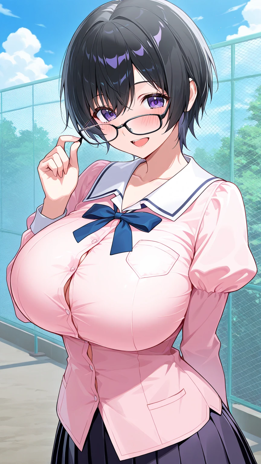 (Very large breasts,Cleavage:1.9),Anna Yamada,gigantic breasts,smile、(naked:1.5)、(Are standing)、(In the back alley)、blue sky、(Wearing an animal collar:1.5)、Earrings、Earrings、bracelet,(Delicate facial features:1.5)、(masterpiece, Highest quality, High resolution, Super detailed, 8K, 4K),(Put your hands behind your head:1.5),ponytail,ヘソEarrings,(Beautiful Face:1.5),Wearing glasses、Sweat,navel piercing,(nsfw:1.5)、(Steam is coming out of the body:1.5)、shaved pussy、Your body is wet,Spread Armpit、There is cleavage in the chest、Absurd、Highest quality、Open your mouth, (Volupture:1.5),Upper body close-up
