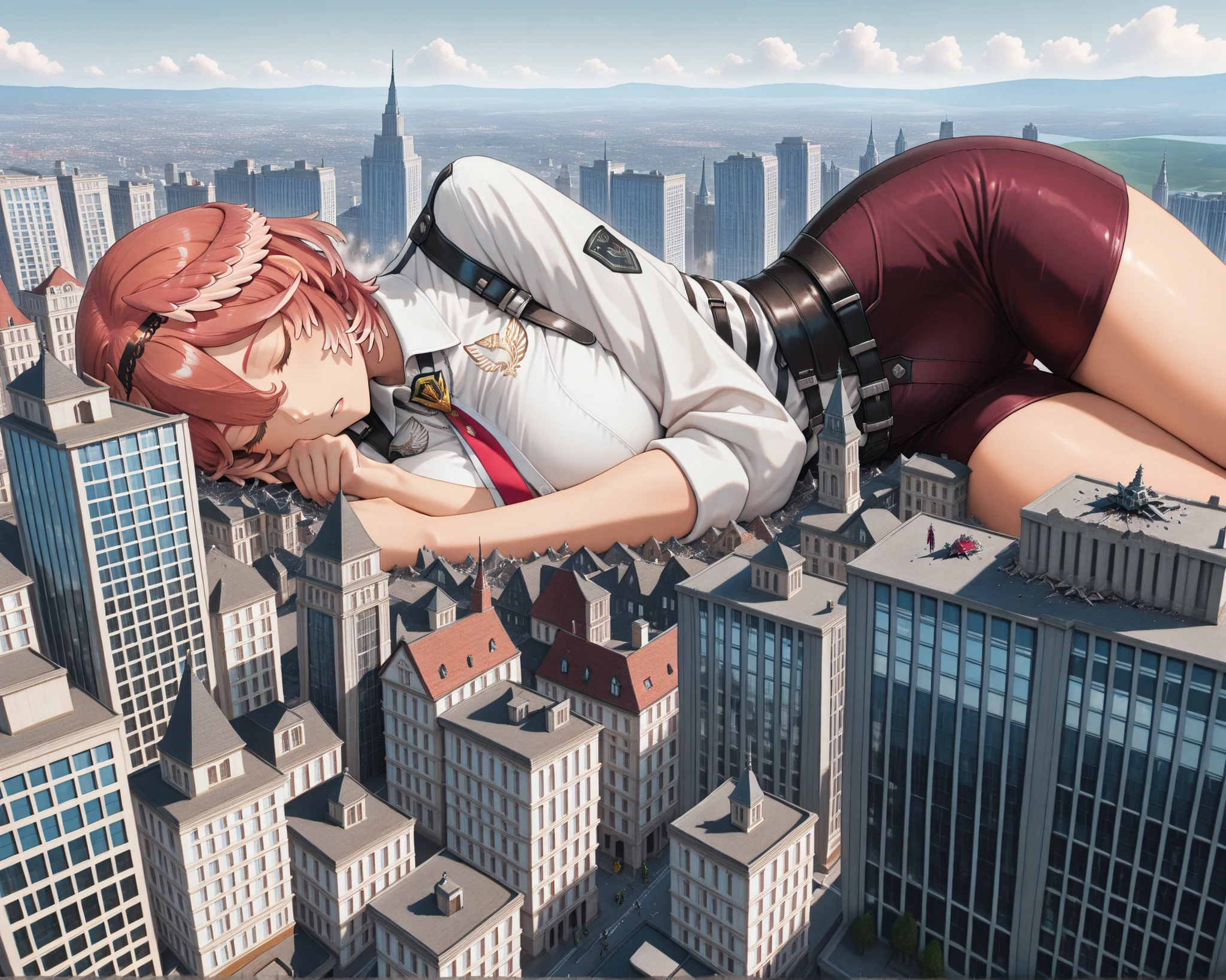 masterpiece, best quality, great quality, very detailed,"Takane Lui " are sleeping in each other's arms, The gigantic "Takane Lui " towering higher than any building, Miniature cities, ruined miniature cities,Densely packed buildings, Destroying buildings: "Takane Lui "