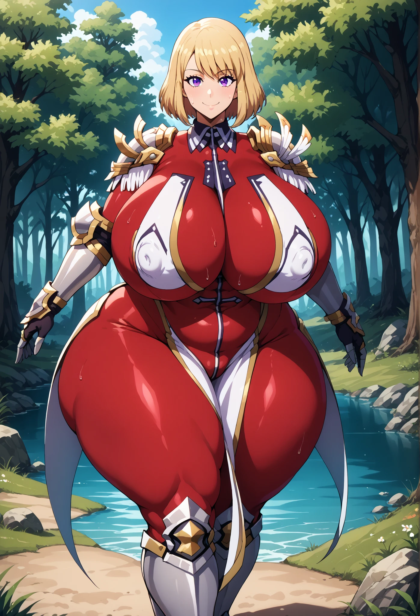 safe_pos, score_8_up, score_7, (source anime:1.2), shizuku kousaka (na honjaman level up), short hair, blonde hair, purple eyes, hunter outfit, red bodysuit, pauldrons, epaulettes, cape, gauntlets, black gloves, armored boots, (huge breast, hyper nipples, wide hips, hyper thighs, thick thighs, bottom heavy, chubby), (cover nipple, nipple bulge:1.2), ((sweating, oily skin)), looking at viewer, smile, standing, sexy psoe, BREAK outdoors, river, forest, trail, sandy, trail, best quality, masterpiece, seductive face