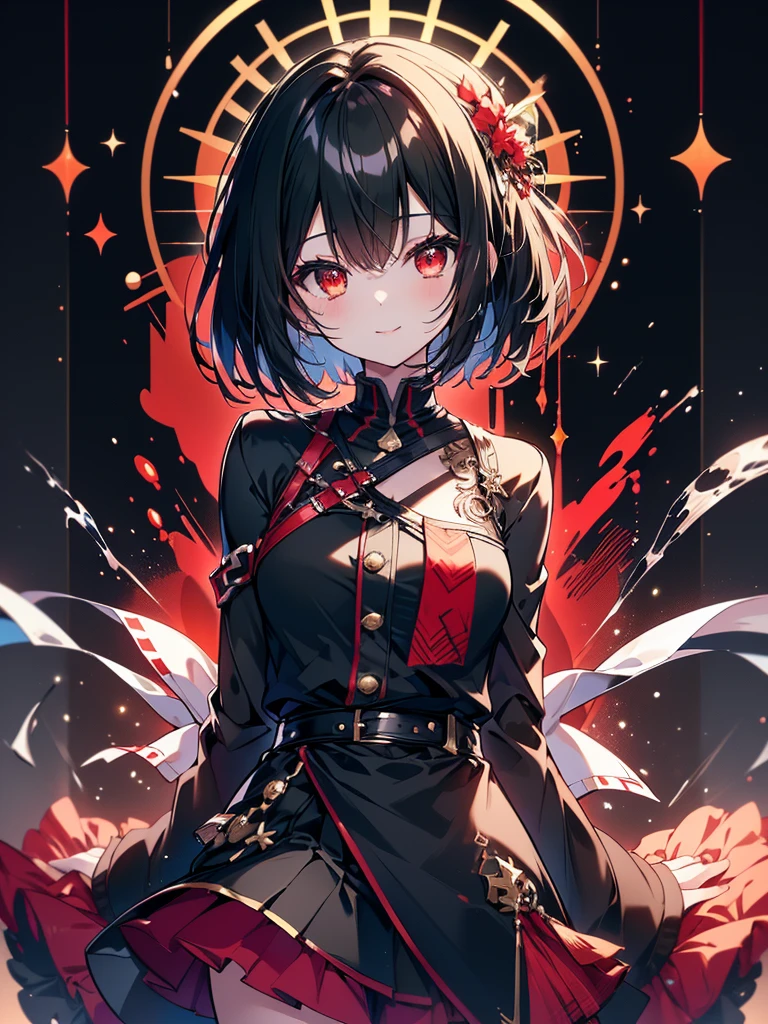 (masterpiece, highest quality, highest quality, (No text), Beautiful and aesthetic:1.2),No text,アニメ、BREAK,One Girl,Black Hair Girl short hair older sister choker Beautiful eyes Red eyes cool smile Black and Red Cute clothes Black jacket stockings whole body In town