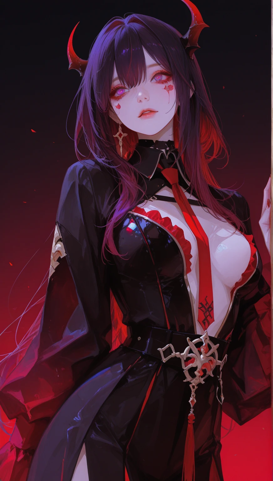 An exquisite figure, donning a crimson veil that veiled her eyes, delicately pressed her fingers against crimson-lacquered nails. The surroundings are enveloped in an unbroken canvas of midnight black, highlighting her poise and elegance.