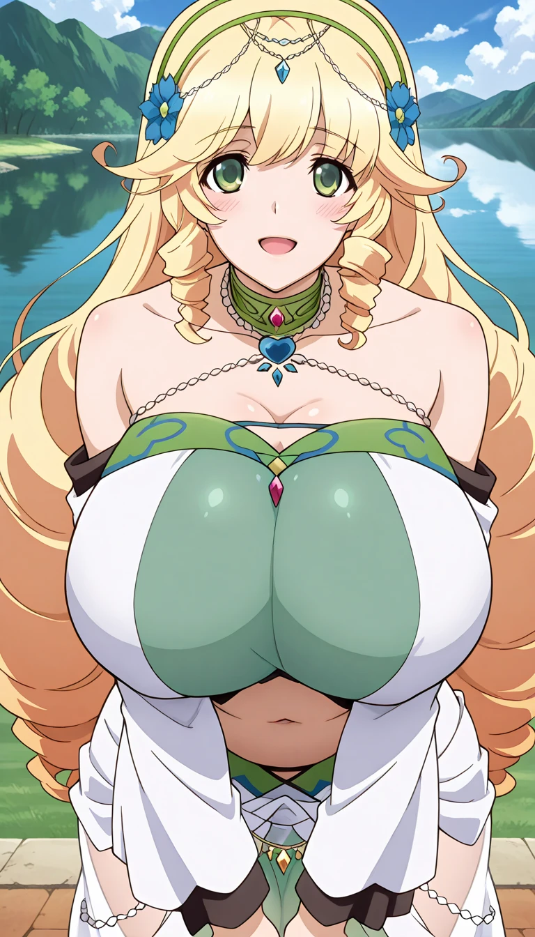 Close-up of a woman in a dress with long blonde hair, Green Eyed Woman, anime woman, oppai, huge tit, Woman with very large breasts, ((a beautiful fantasy empress)), Dress Up Darling Anime, Blonde - Hair, Blonde anime woman with long hair,