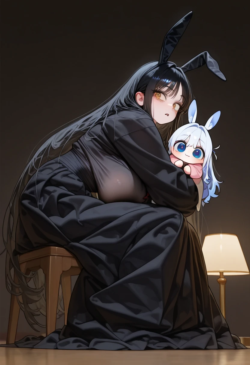 Woman, (Big_breast) (bang_covering_eyes) (messy_hair) (cute) (Happy) (Chubby) (Dark_Navy_Hair) (Wearing_Dress_Black) (Wearing_Facemask) (Smiling_Behind_Her_Mask) (Sitting_Legs_Crossed) (In_LivingRoom) 
