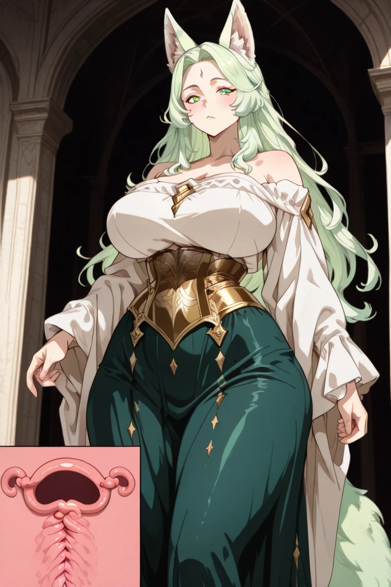 (best quality,4k,highres,masterpiece:1.2),ultra-detailed,realistic,sexy woman,hairstyle with quartz,top and pants,emerald pendant,pale skin,light eyes,blushing,amazing body,hourglass figure,hands resting on hips,portraits,vivid colors,studio lighting