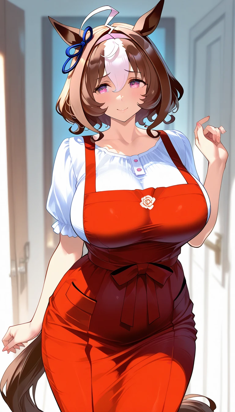 Best quality, solo mature woman, giant breasts, giant ass, very curvy, Short light brown hair, very light green eyes, full lips, seductive, shy smile, white blouse with puffy short sleeves, pale red pencil skirt, headband, cherry earrings, ribbon bow, thick thighs, curvy physique
