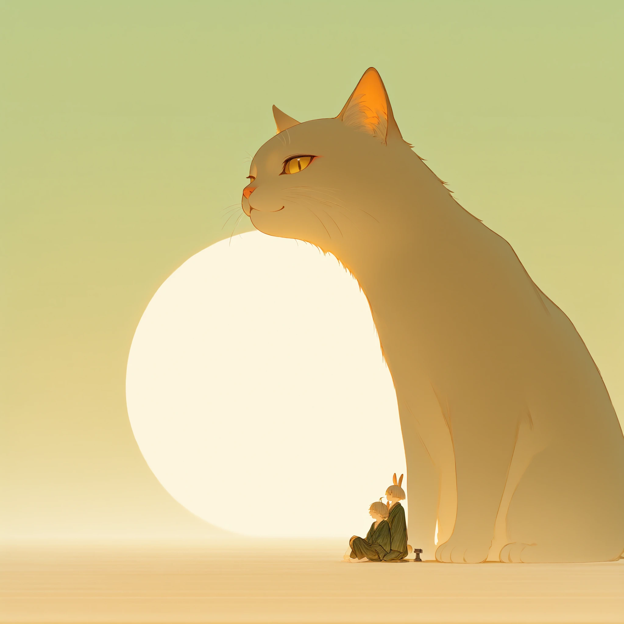 The food is a pair of siblings shaped like rabbit ears. The older brother is an elementary school boy holding a large hammer. The younger sister is about s old, wearing a ribbon and holding a small hammer. The image is high quality and high resolution. The older brother is sitting on top of a giant cat, facing forward. Although his face is not visible, he has a mischievous smile, as if he is planning some kind of prank. The little sister seems to want to ride that cat.