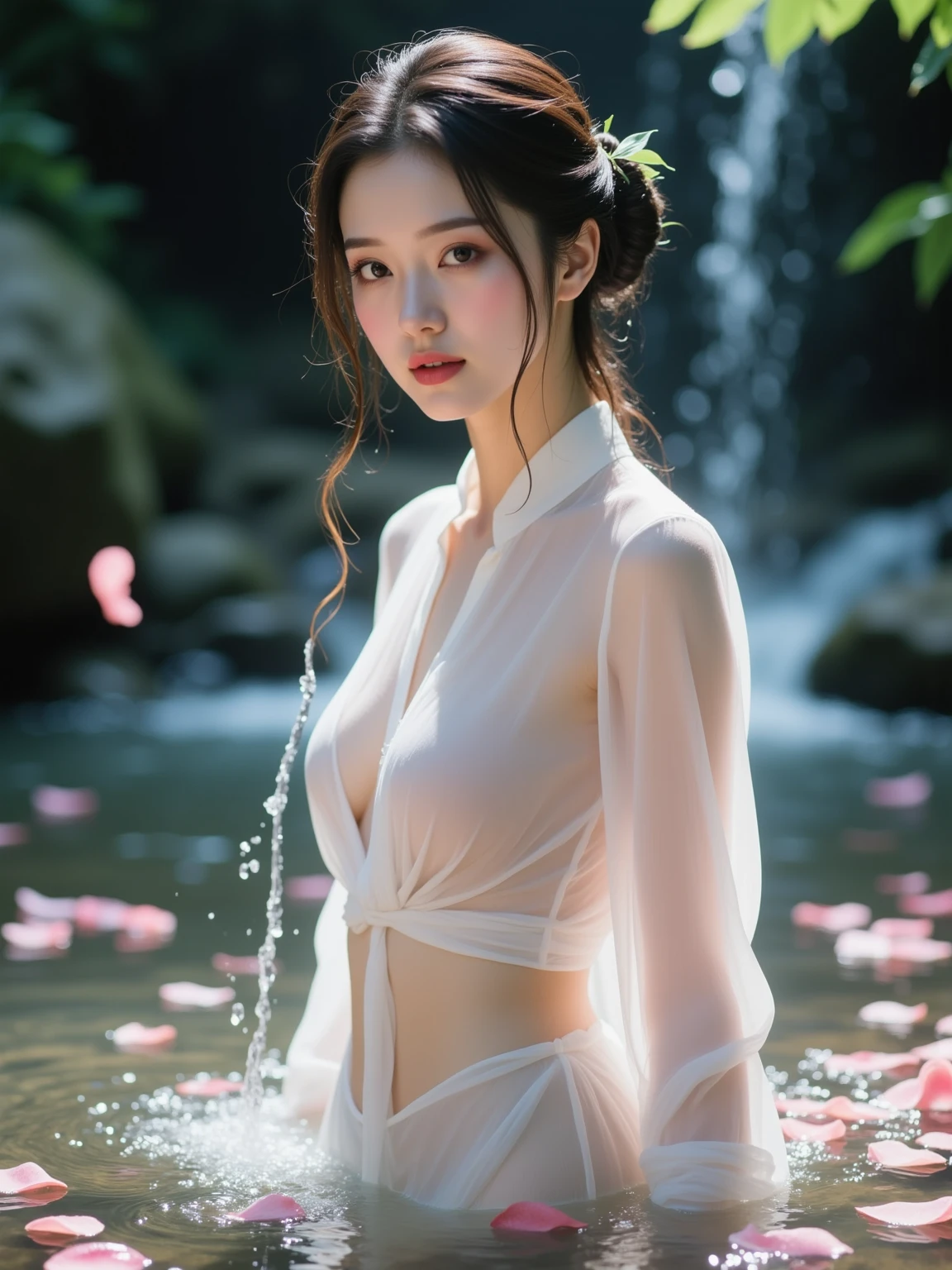 (((Standing in the middle of a waterfall on a moonlit night))),((beautiful woman standing in the middle of the pond:1)),((Beautiful half-naked woman in a beautiful waterfall basin)), ((Sharp bewitching eyes))、((A sexy))、(((See through Japanese nightgowns:1.3)))、((Kimono made of thin cloth wet with water:1)), pale skin、(Nipple bumps:1), (((1 girl in:1))), ((pale skin))、Melancholy beautiful face、Beautiful expression、Sexy face、Nipple bumps, (((Lower breast)))、(((Beautiful breasts ))), Beautiful 、Super fine face、Delicat eyes、(Double eyelids)、 (((1 Japan Woman)))、 Beautie, 20yr old,((See-through kimono)), (Show off by wearing Japanese revealing clothes),