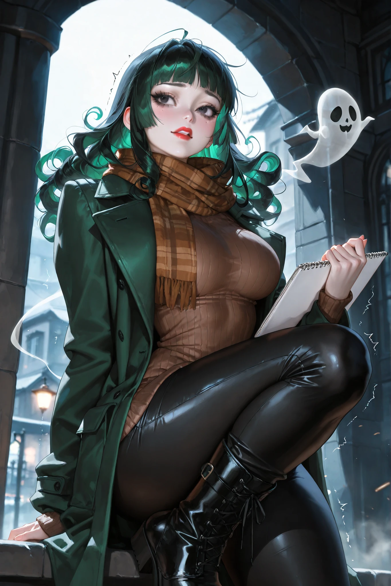 (tangobat:0.7),(Sakimichan:0.7),(High quality CT,4K,High resolution,main part:2.3),(Very detailed,realistic:1.37,Best quality,masterpiece, high resolution,on_body), (Tyndall effect,photorealistic, edge lighting, Two-color backlight),(high definition of skin:2.3), (8K UHD, DSLR quality, soft lighting, high quality, surround lighting, sincere, de 8K , 4K, 8K.) the woman is a beautiful Asian. She has a mature build and big breasts. She has white skin. She has bags under her eyes. She has neat makeup: black eyebrows, long black eyelashes, black eyes with dark green lenses, red lips, pink eye shadow. She has black long wet greasy curly hair with arch bangs. She is wearing a bege knitted sweater, brown knitted scarf, black trousers, comfortable high-heeled autumn boots. She is wearing a long green leather coat with a black lining. She has pencils and a sketchbook in her coat pocket. She has a scared, nervous expression on her face, her lips are pursed and she is trembling with fear. IN the background: dark foggy Asian ghost town, in which dark creepy grotesque silhouettes of ghosts of men and women flicker through the town alleys.