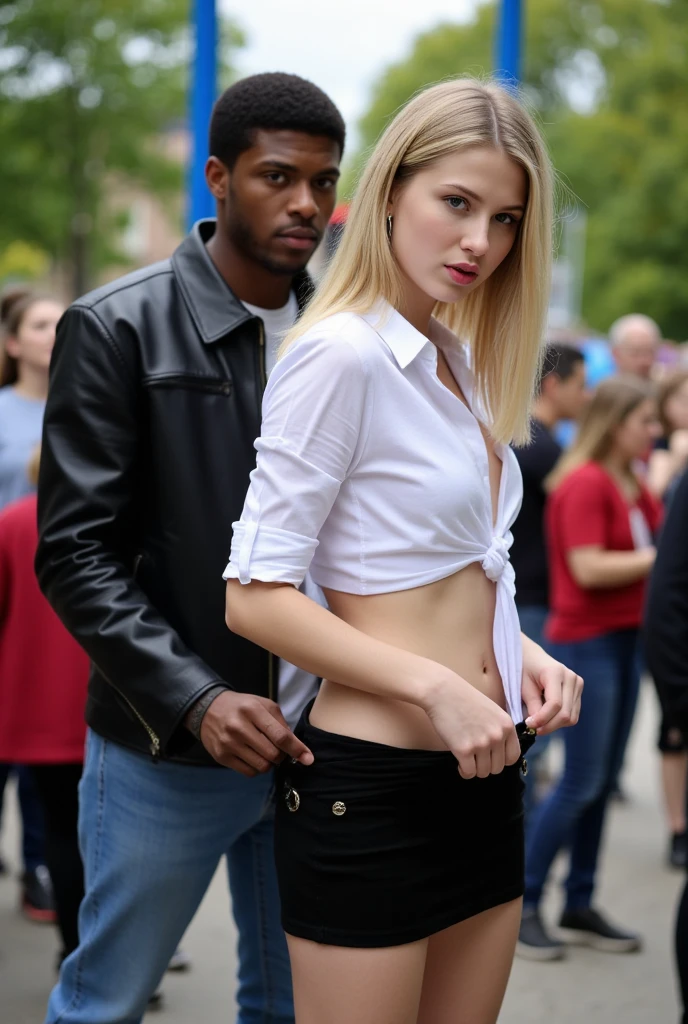 absurdres, RAW photo, extremely delicate and beautiful, masterpiece, Best Quality, ultra high resolution, 16k, hyperrealistic, realistic, photorealistic, photo-realistic, ultra-detailed, perfect anatomy, super Detailed skin, perfect figure, Very detailed CG 8k wallpaper, nude, pussy, shaved pussy, nipple, perfect nipple, perfect breast, round breast, small head, perfect fingers, (full body :1.2), super white skin, standing, kpop idol, nude, blushing, windy, sexy leg, smile, smile eyes, 2 guys, on the street, nude, puffy hair, bangs, (2 guys :1.5), long leg, small breast, (nude girl), messy hair, flat bangs, sexy lips, small round breast, black nails, tall man, cute hair, cute pose, no bra, (couple), teen, sexy pose, sad, police on background, sexy denim skirt, angry man, angkle boots heels, shirt lift, smile, small breast, smile, blonde hair, pink hair, hands on pocket, korean model, open jacket, sexy short skirt,