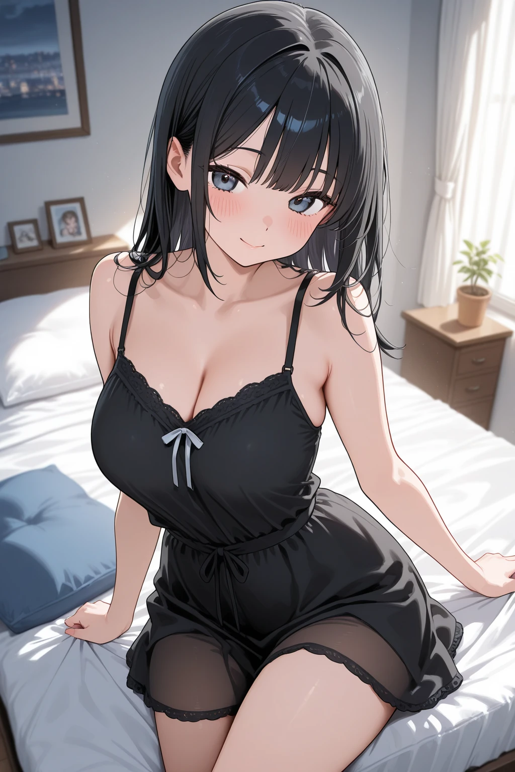 ((masterpiece)), ((best quality)), (ultra-detailed), anime style, on the bed, a cute girl, 1girl, solo, ((beautiful eyes)), smile, beautiful black hair, underwear00