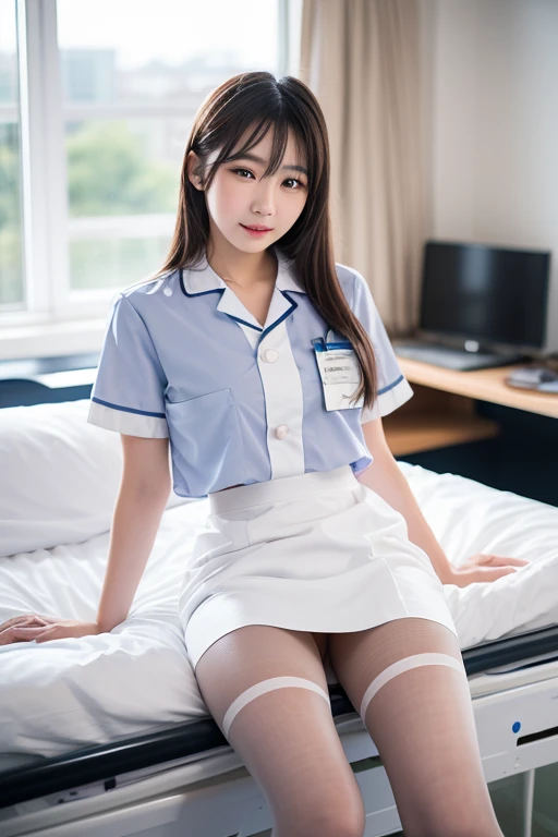 (master piece:1.2),(8K high quality), (highest quality), (RAW image quality), (It's photorealistic:1.37), ,large eyes,long eyelashes,It's exquisite,(Live-action realistic style),(ultimate face,Too realistic Asian beauty),Photorealistic light and shadow,clear facial features,(very realistic skin) ,realistic skin details:1.3,(super detail),(I have short hair), ,best portrait,(Photographed from a distance), 1- Female,beautiful detailed eyes, beautiful detailed nose, highly detailed skin,,(Beautiful face with double eyelids), (Realism: 1.4),(full body image), excellent detail, super high resolution,red lip,earrings ,delicate and beautiful face,,20 year old cute woman,(beautiful face 1.4),slender,((Photographed on a too-white hospital bed)),(Show white garter stockings), ((Navel exposed nurse uniform)),(sitting),((smiling with mouth closed)),(Make eye contact with your audience,you are smiling),wearing a nurse cap,(The inside of the hospital is too white.),,very beautiful feet,(Photographed in a room with too white walls),The interior of the room is unified in white.,