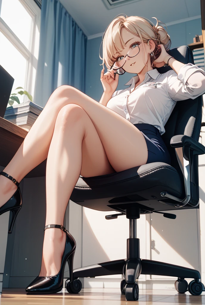 8K quality、High resolution、High resolutionの肌、Thin legs、Full Body Shot、Moist lips、Sitting at a desk looking at documents