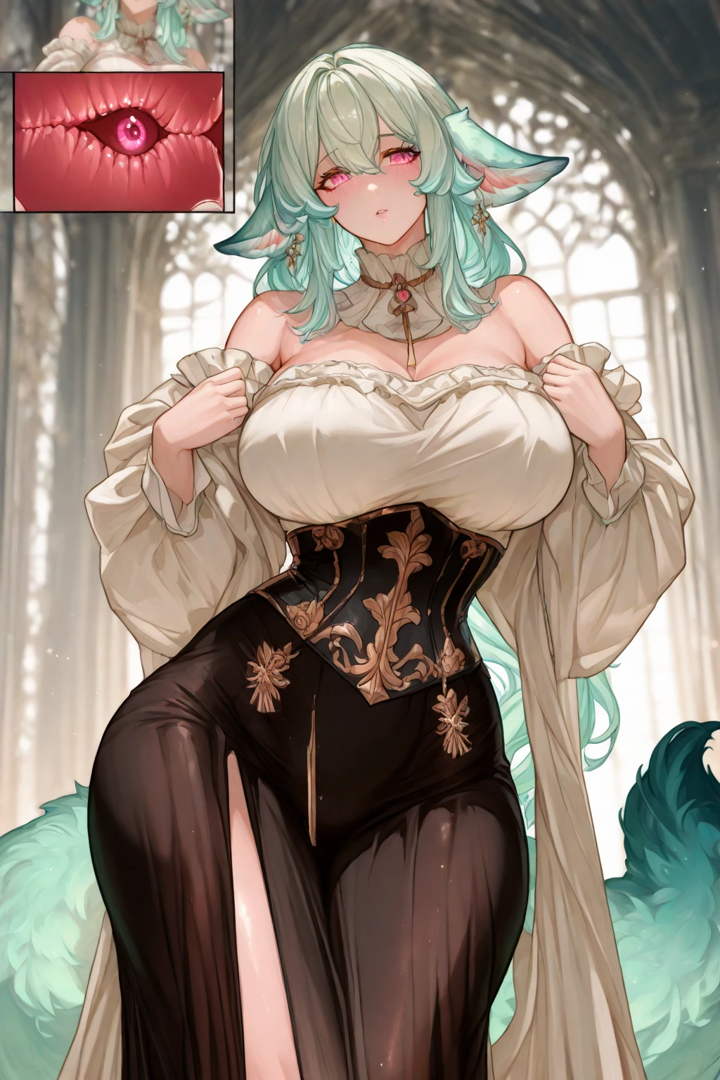 masterpiece, high quality, green skin dragon girl, brown horns, long tail with hairy tip, long black hair, black holes in shoulders, pink eyes, Tender smile, a white blouse, red jean, Brown boots