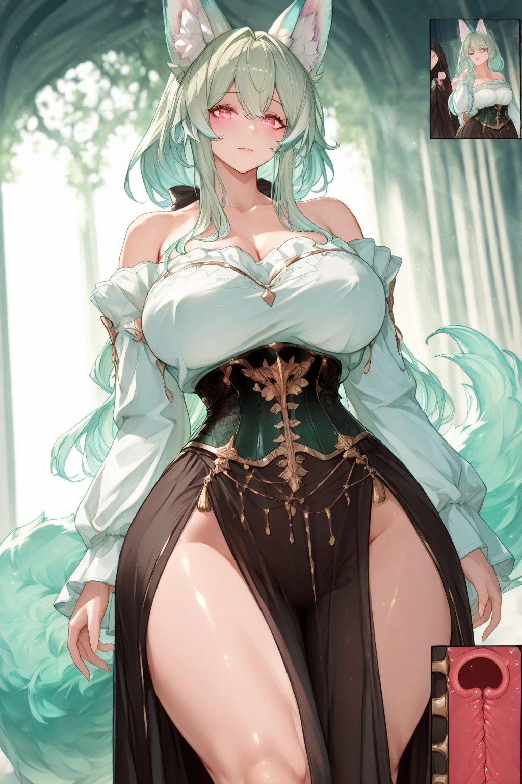 Cute Farmgirl with Braids. ((woman with light green hair, milf woman, long hair)), Perfectly round face. Beautiful cute face, Big beautiful voluptuous lips, charming beauty, ((gentle expression on your face)), ((Beautiful Big, detailed green eyes)), Waist slender, Broad Hips ((adventurous outfit, black blouse, leather pants, waist long)) (highy detailed)),offcial art, Award-winning digital painting, digital illustration, extreme detail, 4K, ultra HD, Rococo, polished, Intricate, realistic fantasy art, sharp focus, conceptual artwork, arte por WLOP, artgerm, (2D vector illustration) Light, airy, hourglass figure. ellie bamber