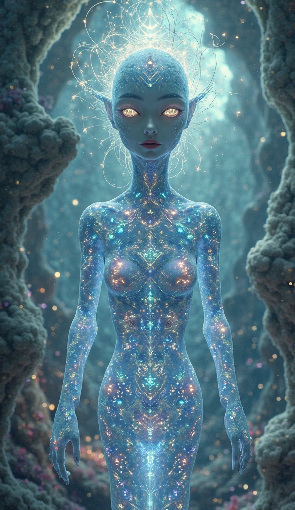 Translucent, bioluminescent woman with a mystique that would charm the rockiest soul depicted in a voluminous opulent costume conducting an outlandish, extraterrestrial autopsy in the confines of a conspicuously unassuming bedroom, appearing as a tiny doll in a concealing princely garment. Her oversized, compelling eyes feature an ethereal expression. Ensconced in an atmosphere rendered swirling with surreal
