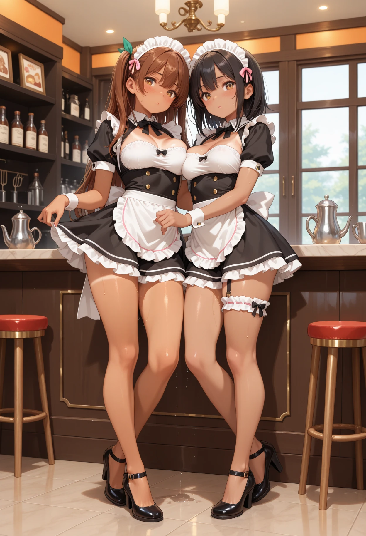 ((2 girls))、((smile))、blush、black shirt、blouse、((fun))、(small breasts)、Chirarism、black hair、(single braid)、((white apron:1.5))、((maid))、((hair ornaments)), thighs, 壊す in house, ((in house:1.5))、 BREAK looking at viewer、torn skirt,(grab the skirt:1.0)、 (perfect hands, perfect anatomy),cowboy shot、((shaved pussy:1.5))、(skirt that rolls up:1.3)、(Highly detailed labia fully exposed:1.5)、(Photo seen from below:1.3)、skirtlift