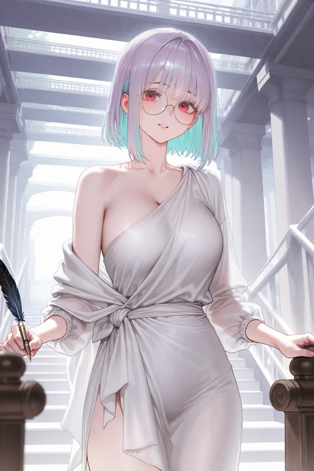 short beautiful adult women, chubby, tan skin, blue eyes, freckles, short pixie cut hair, messy hair, pink hair, big round glasses, (shiny tan skin), cute, jacket falling off, skirt, leggings, heels, open cleavage tank top, visible cleavage, freckles on chest, beauty marks on body,