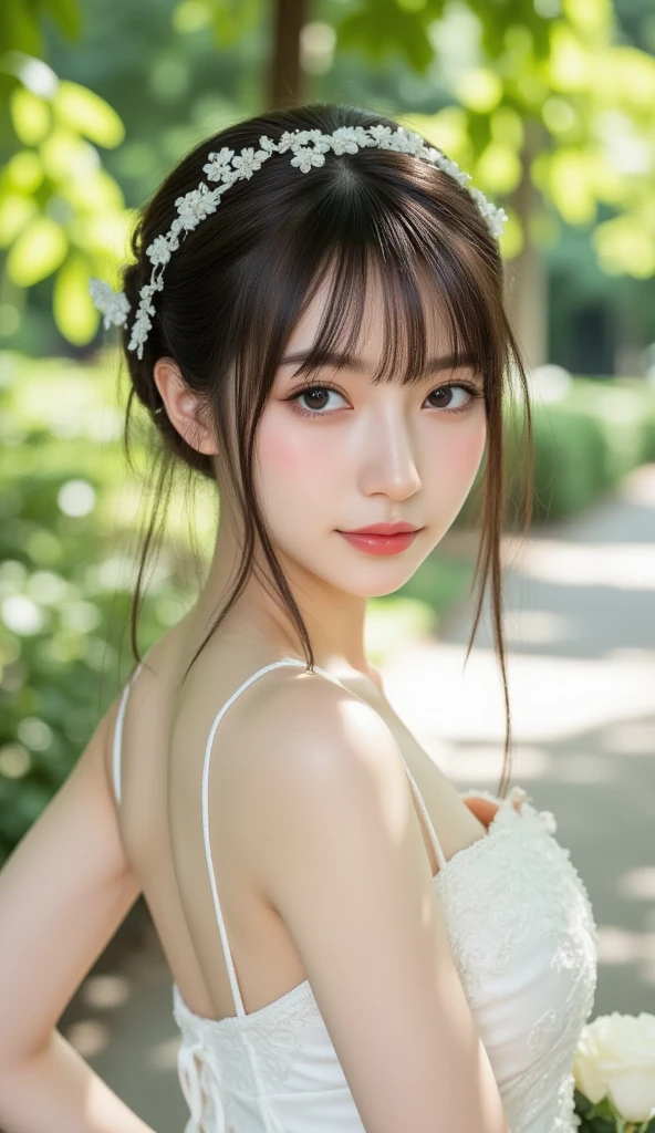 masterpiece, highest quality, High resolution, wallpaper, realistic, (bright lighting:1.4), professional lighting, face light, smooth lighting, (shoot from front:1.8), 1 girl, closeup-face, cute, sleepy, open mouth to say something, shy, Beautiful girl, sexy, super beautiful, beautiful skin, beautiful and detailed eyes、detailed face、slim、moderately, half updo, brunette colored hair, brown eyes, Professional Photography, Bokeh, Portrait, The morning sunlight shines through the misty forest path. white Summer Dresses,