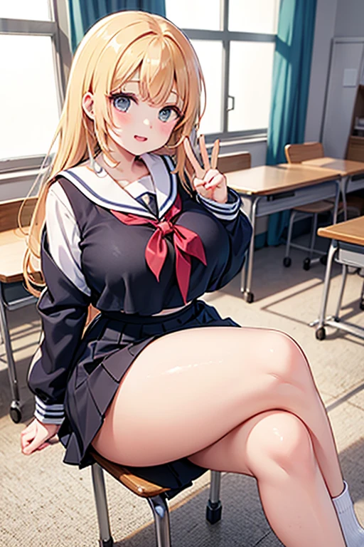 masterpiece, Highest quality, High resolution, Ichigoya, alone, Red neckerchief, , Extra Large ,pubic hair、Nipples、Areola、Thighs、Navy knee-high socks、High resolution,School、Desk and chair in the background、Leg spread、Twin tails、blonde