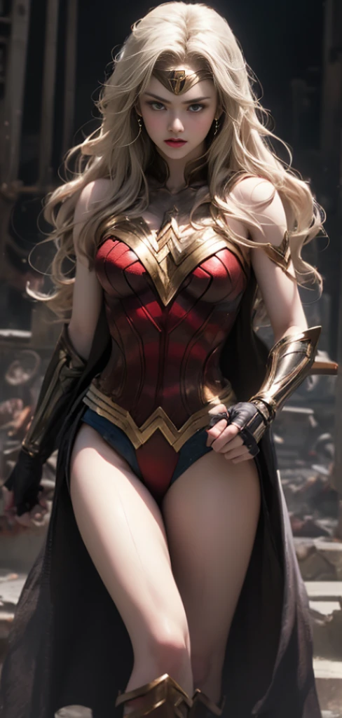 The woman's body is set with big breasts, RAW, Masterpiece, Super Fine Photo, Best Quality, Ultra High Resolution, Photorealistic Photorealism, Sunlight, 1women, charming Russian model Nata Lee, light blonde hair, Wonder women Costume Dress with a cape, Flying in the sky, 4k, Huge detail, surreal.