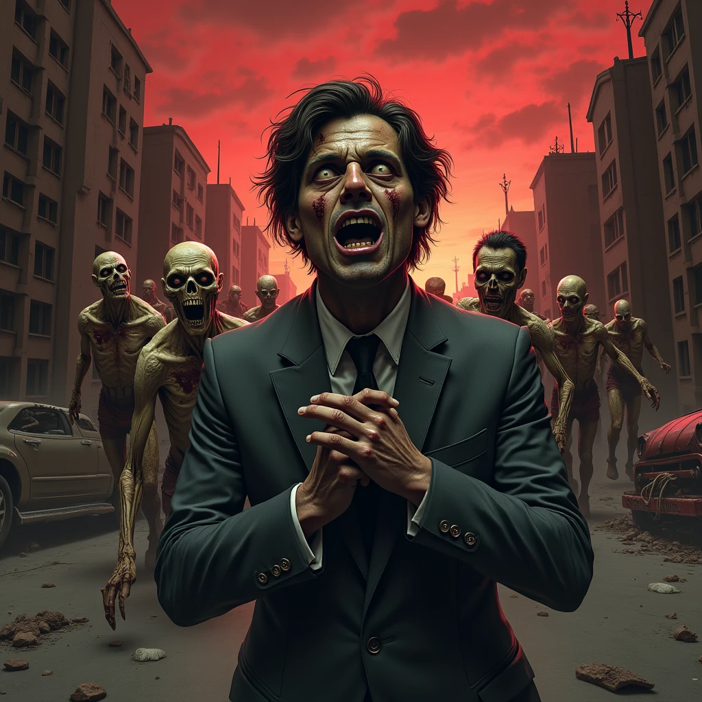 arafed image of a man in a suit surrounded by zombies, zombie ronald reagan, undead ronald reagan zombie, doing the bateman stare, neal adams | centered, neal adams | dark, by Ignacio Zuloaga, by Luis Miranda, hannibal, neal adams | sinister, dark!, towering giant made of zombies, neal adams | portrait, inspired by Harvey Dunn,realistic