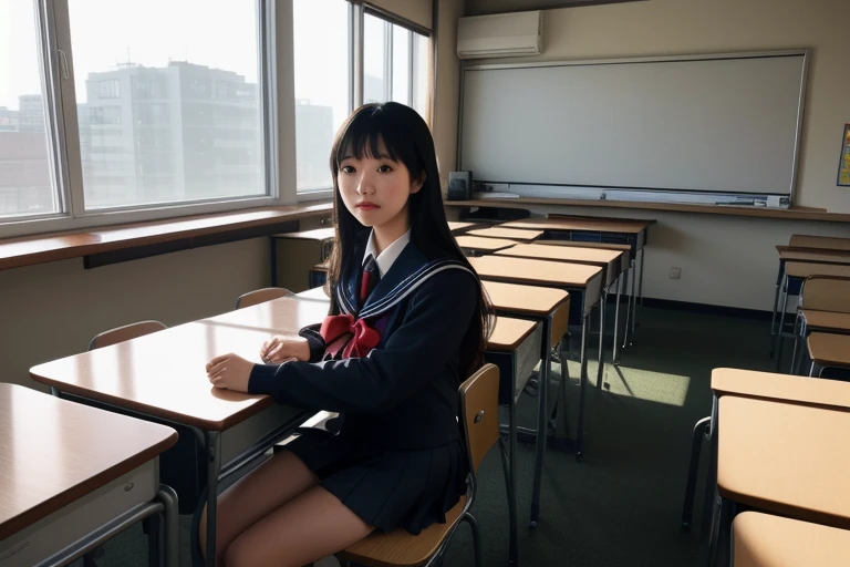 A solo Japanese high school girl, with a baby face and a charming white complexion, is seated in a classroom adorned with rows of desks and a chalkboard. She is wearing a navy cardigan, a plaid skirt that reaches just above her knees, black knee socks, and a bowtie. Her short bob frames her  face, revealing a small chin and delicate features. With her legs crossed, she wears white leggings that add a touch of modernity to her traditional school attire. The realistic scale of the scene captures every detail, from the masseter muscle fragment in her jawline to the correct human body anatomy and the correct dress size. The professional photographer, focusing on