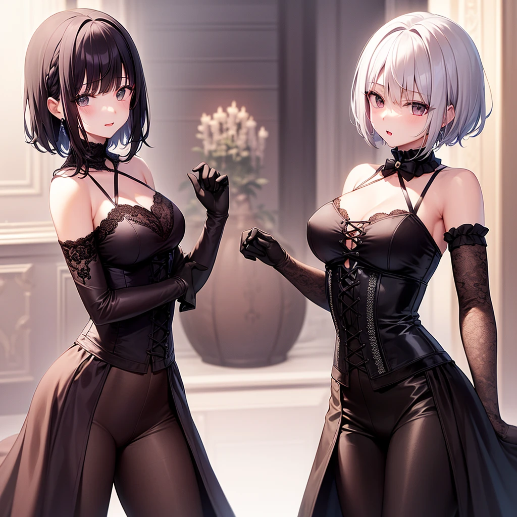 ((High quality)),masutepiece,(Detailed depiction of local details:1.2),1girl in,blue eyes,Plump breasts,Enchanted Valley,Closed mouth,Eyelashes,Portrait,solo,White hair,black theme,Short hair,Silver hair,yorha no. 2 Type B,(((White hair and black hair)))、Full body view、((Two girls dressed similarly))((裸の2人))((Two people smiling))((Light skin and dark skin))(((Black Hair、Dark Skin、Woman in Black Dress)))((white thong))((black thong))Stick your butt out ((Two people who kiss with their tongues)) ((Two people intertwined in a double bed))