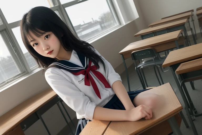 8K, highest quality, real image, intricate details, Super detailed, ultra high resolution, depth field,(realistic,realistic:1.2), (small breasts:1.2), japanese girl, very beautiful 17 year old girl, (beautiful breasts:1.5, highly detailed eyes:1.2), (beautiful breasts:1.1), bangs, perfect skin, Fair skin, tight waist, looking at the viewer, black hair, hair behind the ear, shoulder hair, long hair, no makeup, knees together, in a high school classroom, During class, (high school sailor suit:1.2), (navy pleated skirt:1.2), sit in a chair, From the side
