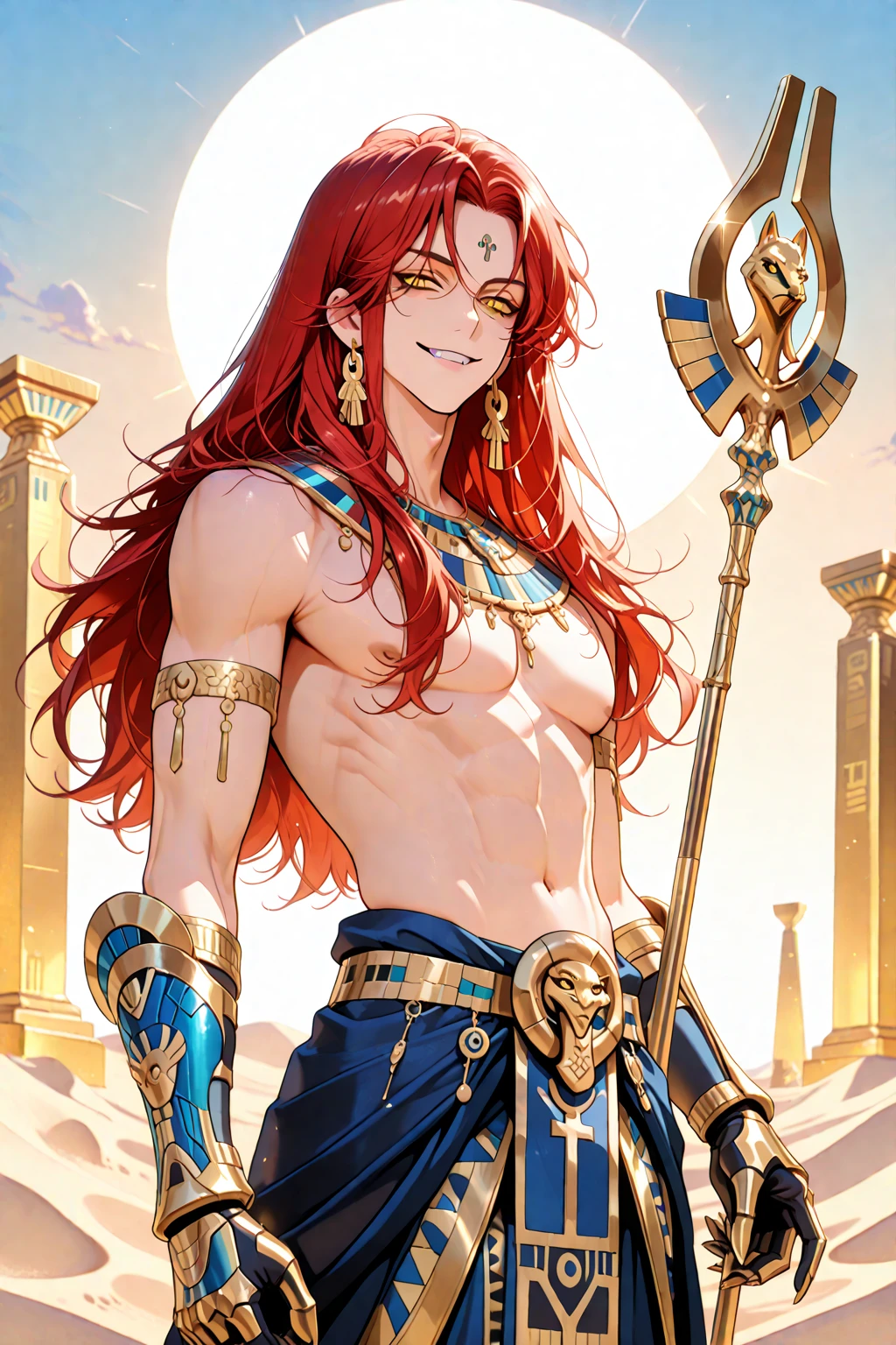 Egyptian deity Seth. kid. long red hair, Lots of jewelry. light skin. blue eyes. Rotes Make Up. Sweet boy. boy. narrow.