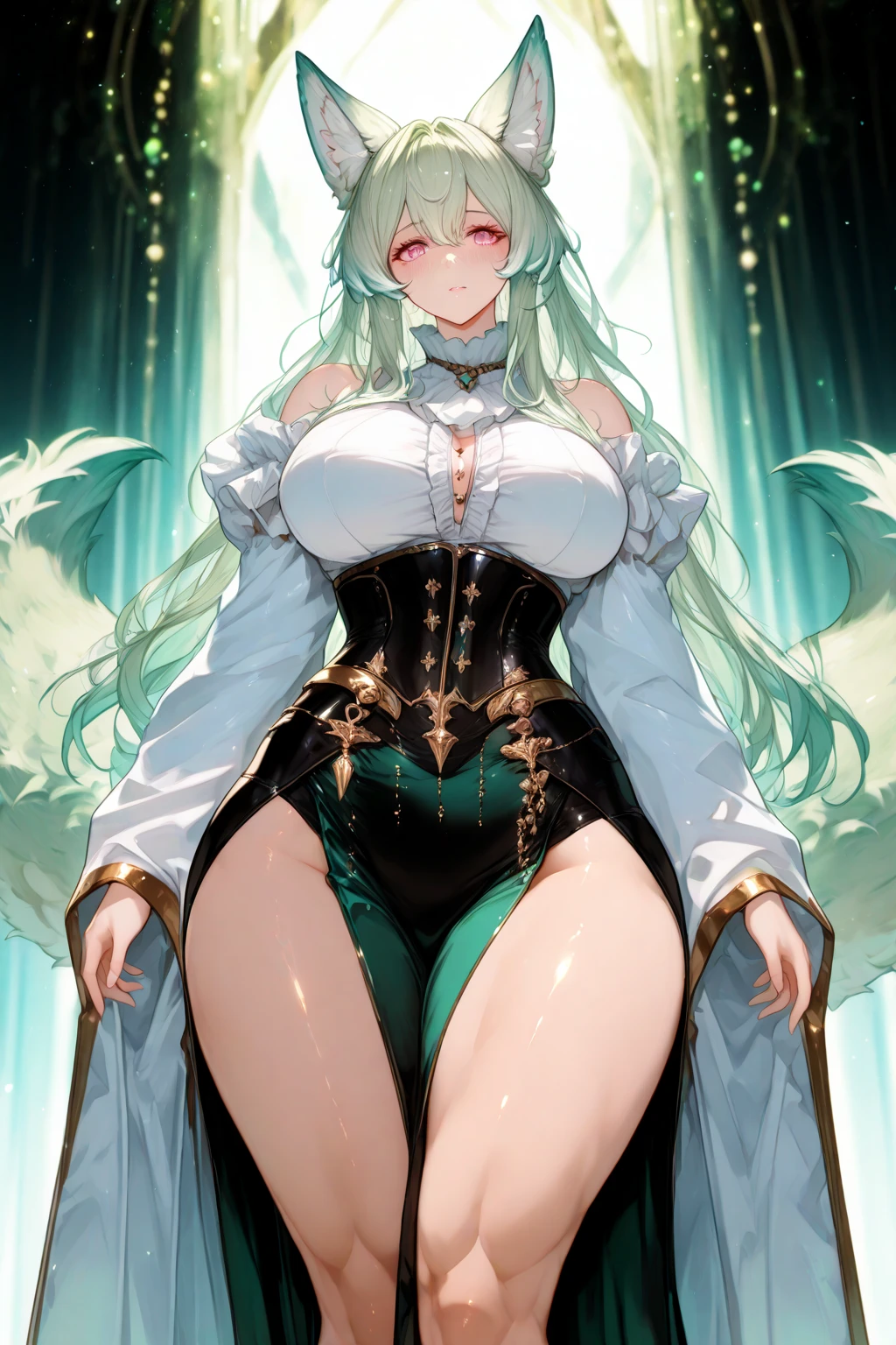 hairy pubic, White fur, hyper cute face, Green element on fur, little breast, completely naked, Beautiful lights and shadows, ambient lights, Ultra-detailed fur, volumettic light,deers,deers,deers,deers