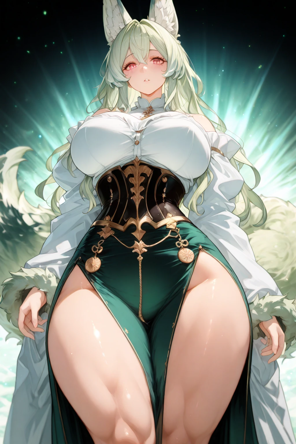 milf, 30 years old, (highres, masterpiece:1.2), white hair, robe, green robe, (large breasts), thick thighs, standing, pelvic curtain, tiara, thighhighs, v-neck, strapless dress, blue eyes, expressionless, long hair, castle in background, balcony