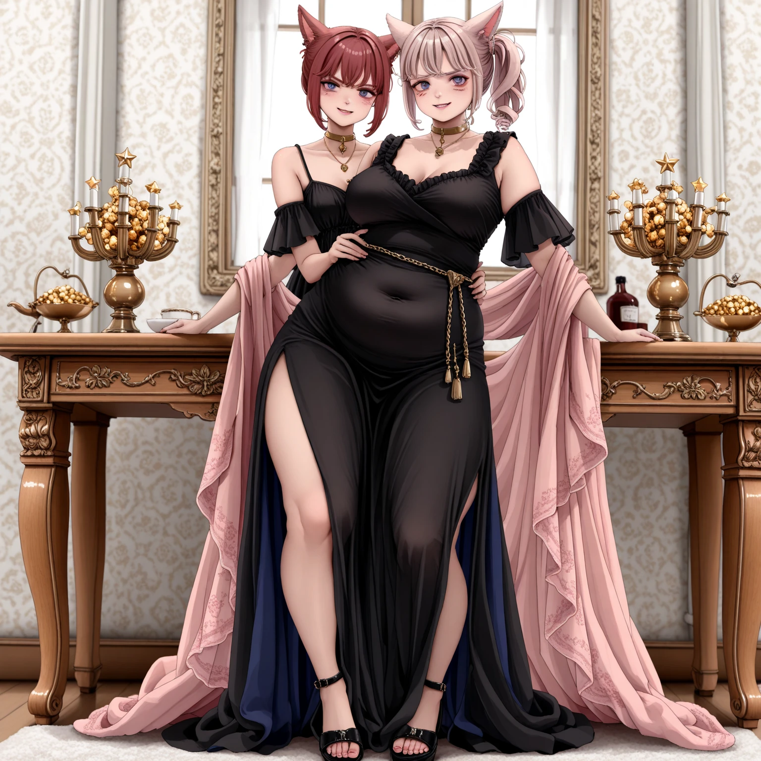 ((highest quality)), ((masterpiece)), (detailed), (Perfect Face)、Women are28Shinobu Kochou with purple hair、(Women are豪華でボリュームのある光沢のある紫のロングスリットのシースルードレスを着て紫の毛皮の付いたシースルーのケープを羽織る、She is wearing jeweled earrings and necklaces, bracelets and ankles, jeweled waist chains and head dress chains, a gorgeous, open, detachable see-through dress skirt, purple shiny boots, and a gorgeous engagement ring. Two young girls, ages 6 and 5, are standing next to her.)、(She is smiling and cuddling with her 6-year-old daughter in a gorgeous outfit in a large plush chair.)、The 6-year-old and 5-year-old daughters cling to the woman as if they are being pampered.