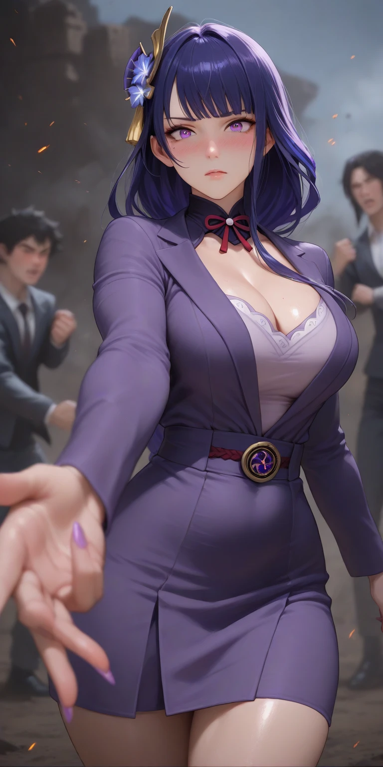 A stunning full-body photo of an alluring young woman with purple hair and glasses, portraying a lawyer in court. She confidently faces an evil opponent, her eyes filled with determination. The attractive woman wears a tailored blazer over a crisp blouse and a well-fitted skirt, exuding professionalism. The background features a bright, sunny day with a lively crowd watching her every move. The image, shared on Instagram Stories, captures the essence of artificialecchi style, with intricate details and realistic lighting.
