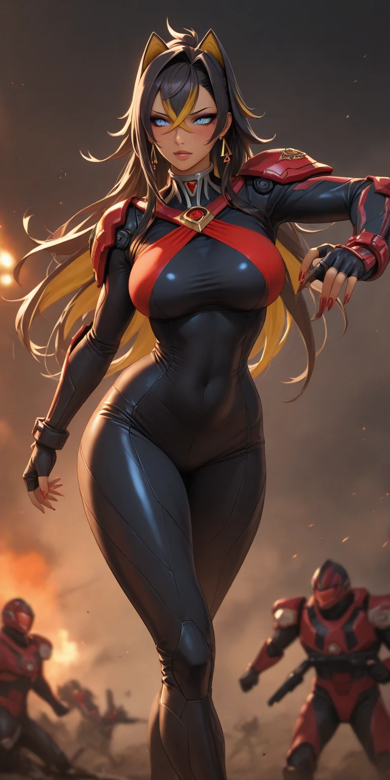 masterpiece, best quality, highly detailed, depth of field, cinematic lighting, ultra photoreal, Ultra detailed, intricate details, 8k wallpaper, cg, sharp focus, 1 woman, mature woman, superhero,((golden hair, long hair)), ((expressive face, angry look, burning eyes, yellow eyes)), ((full body bodysuit, black and yellow bodysuit, tight bodysuit)), (((standing confidently, legs parted, feet wide apart, fighting stance, fists clenched, full body shot, view from front, Low-Angle Shot,