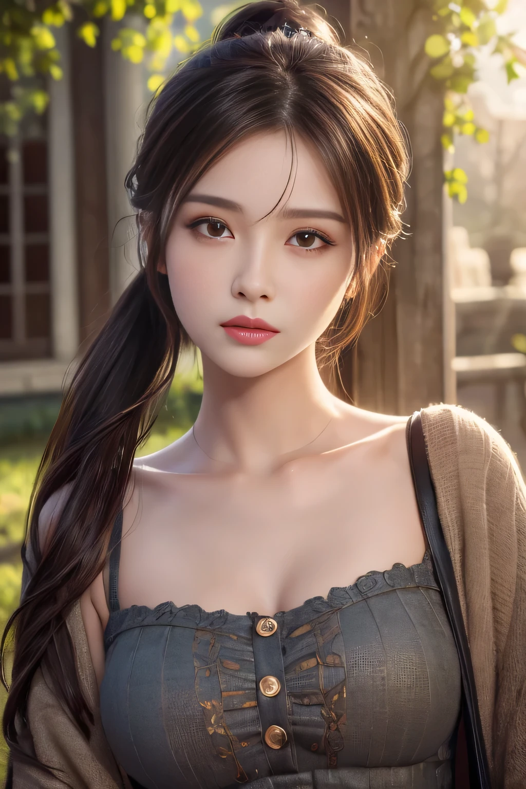 (((masterpiece))), (((best quality))), ((ultra-detailed)), ((extremely delicate and beautiful fabric)), (dark souls), (beautiful detailed woman), (long brown hair), side braid, (hair covering one eye), (brown eyes), girlfriend, excited smile, medium breasts, (white chiffon gown), red sash, beautiful details, petals, (french countryside background)