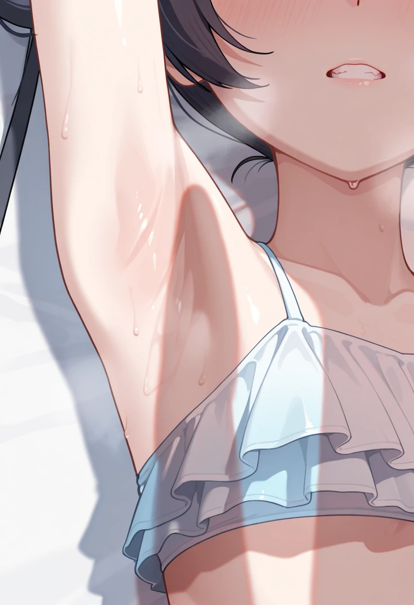 Perfect anime illustration, 1girl, slim, , medium length curly hair, white dress, laying down, arms up, armpits, ((smooth sweaty armpits)), closed eyes, upper side view,