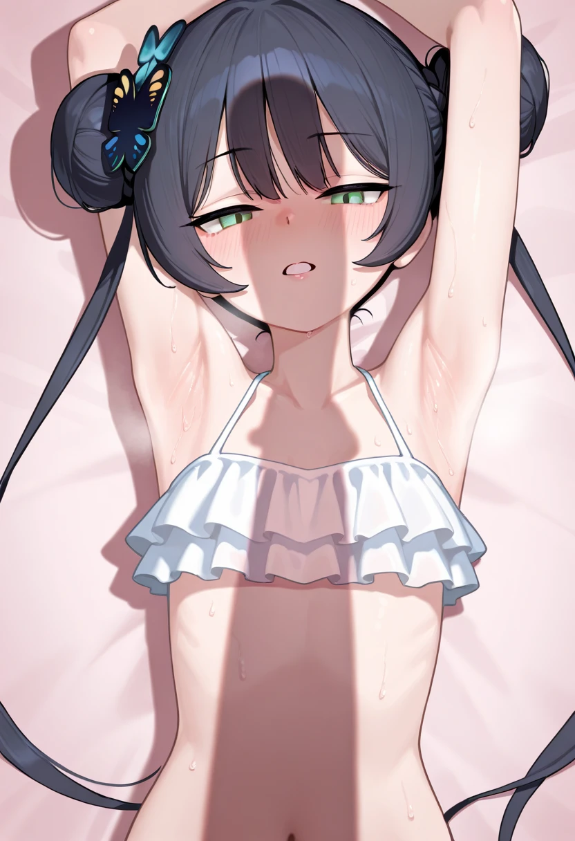 ((white background)), navel,  nude,  from above, from below, spread legs, m legs, bra,
