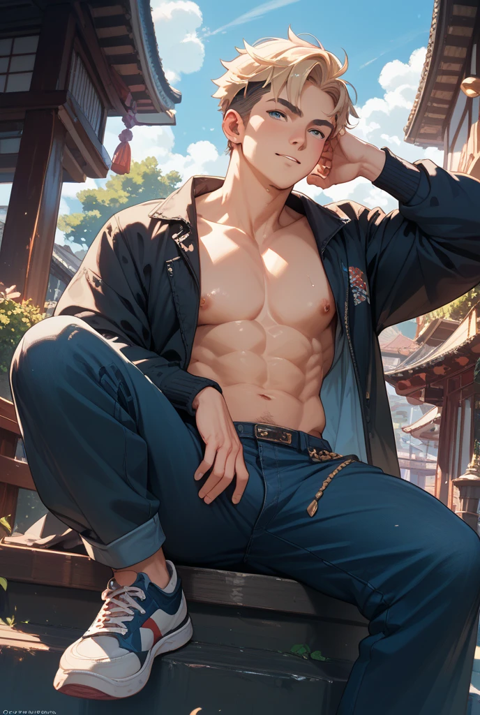 (absurderes, A high resolution, Ultra detailed, hdr), Masterpiece, Best quality, Portrait of a boy, Handsome boy with red eyes, Detailed face, Professional photo, The Arafard was shirtless, legs are open,Lie comfortably， (puffynipple(From below:1.1)), Focus on your audience,18 year old boy, Handsome boy, [ well-defined body ]，Abs，chest muscle，large bulge，No wear，hot onsen，