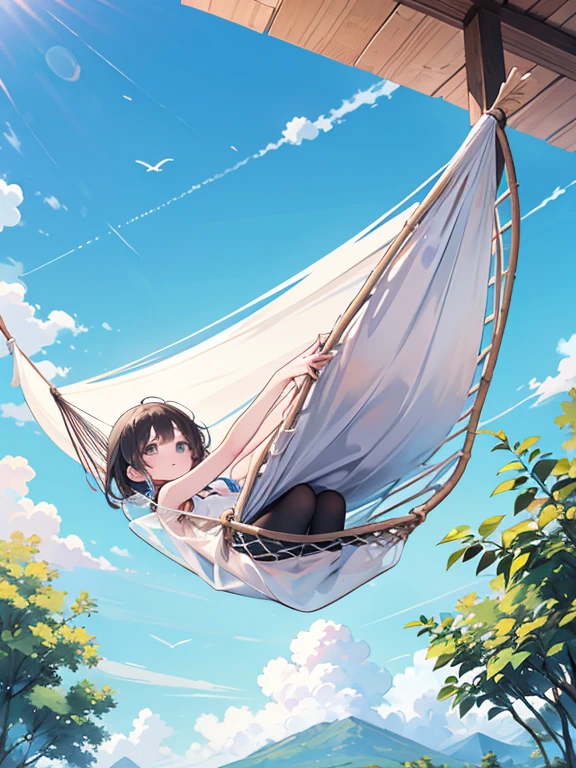 Girl napping in hammock，adolable，Teenage years，
Wear hot pants and a camisole，
Spacious and bright balcony，wooden floor，Small table near the hammock，Fresh juices and fruits at your fingertips，
Gentle wind，夏天，Ridiculous resolution，Ultra- Verbose，Best quality at best，