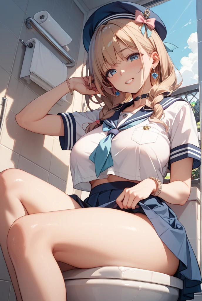 fantasy, (1woman), school, blonde full bangs ponytail hair, eyes dark blue eyes, cute kawaii, panties white panties, necklace, tits, nipples, sailor fuku, ((ride on pony)), close up face, above view 