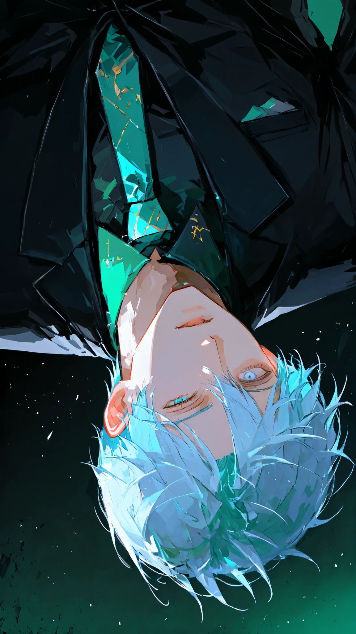 High Definition One man fall upside down against a black night sky upper body is cool black suit blue-green ties style is good there light blue hair One eye looks like the moon light blue eyes the wind is blowing